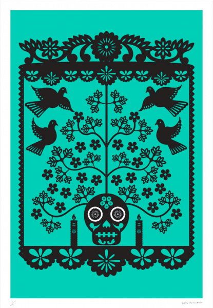 A striking jumbo-sized green screen print by Mexican artist Luis Fitch, featuring Day of the Dead style skulls. Inspired by the ‘papel picado’ (perforated paper) technique. Extraordinary Mexican art from MexArt in London, UK