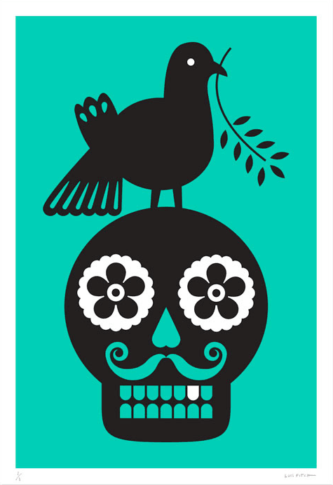 A striking jumbo-sized green screen print by Mexican artist Luis Fitch, featuring Day of the Dead style skulls. Inspired by the ‘papel picado’ (perforated paper) technique. Extraordinary Mexican art from MexArt in London, UK