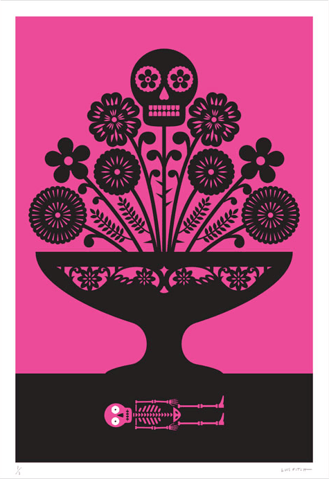 A striking jumbo-sized magenta screen print by Mexican artist Luis Fitch, featuring Day of the Dead style skulls. Inspired by the ‘papel picado’ (perforated paper) technique. Extraordinary Mexican art from MexArt in London, UK