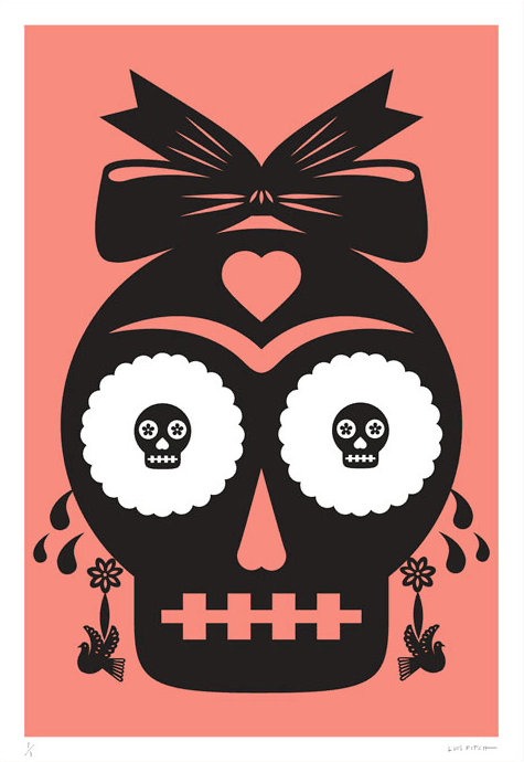 A striking jumbo-sized peach colour screen print by Mexican artist Luis Fitch, featuring Day of the Dead style skulls. Inspired by the ‘papel picado’ (perforated paper) technique. Extraordinary Mexican art from MexArt in London, UK