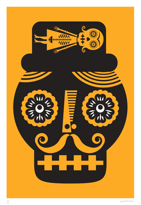 A striking jumbo-sized yellow screen print by Mexican artist Luis Fitch, featuring Day of the Dead style skulls. Inspired by the ‘papel picado’ (perforated paper) technique. Extraordinary Mexican art from MexArt in London, UK