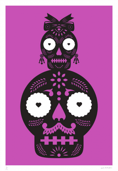 A striking jumbo-sized purple screen print by Mexican artist Luis Fitch, featuring Day of the Dead style skulls. Inspired by the ‘papel picado’ (perforated paper) technique. Extraordinary Mexican art from MexArt in London, UK