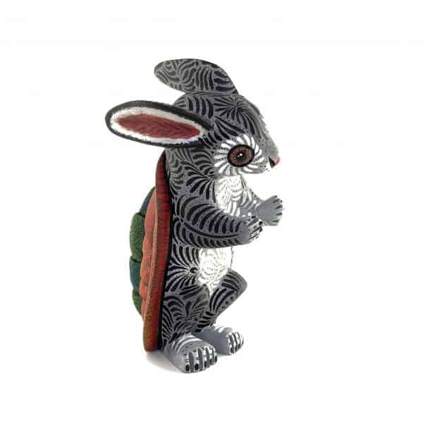 alebrije-rabbit-hare-turtle-mix A fantastic fusion between a grey hare and red shell tortoise with a crocodile tail. A surreal piece inspired by Aesop’s fable but with a plot twist